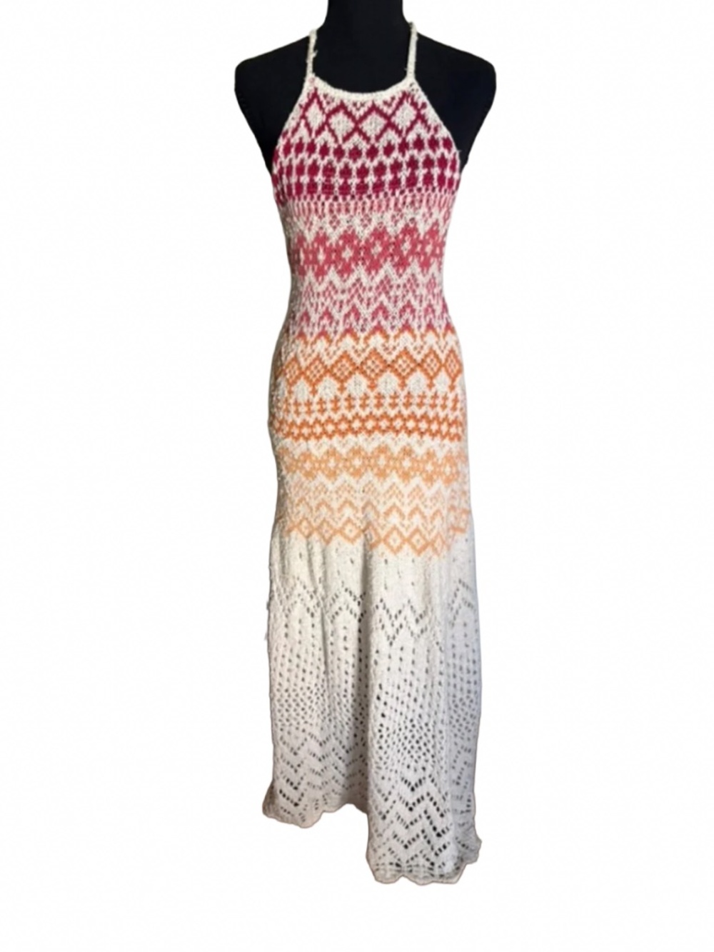 Free People Ombre Crochet Knit Halter Maxi Dress Cream Pink Orange Boho